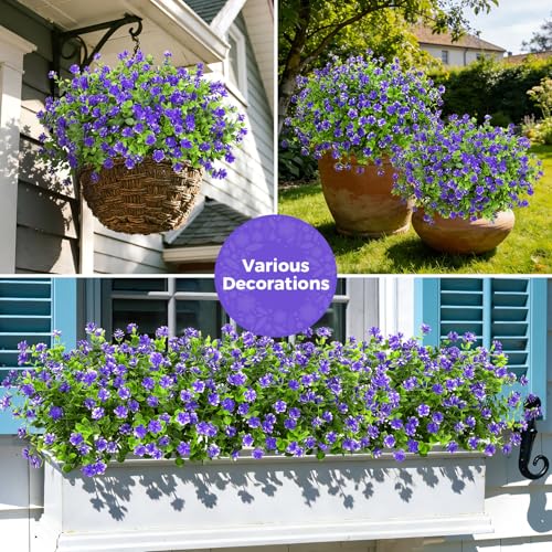 Roberly 24 Bundles Artificial Flowers for Outdoors, UV Resistant Eucalyptus Fake Flowers Shrubs Greenery Plastic Plants for Garden Porch Window Box Farmhouse Indoor Home Decor, Purple - color: Purple