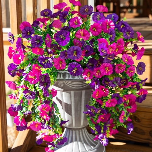 Ivydale 2 PCS Artificial Hanging Flowers Fake Plants Outdoor,Silk Morning Glory Faux Flowers with Eucalyptus Leaf,UV Resistant Realistic Hanging Petunias Plants for Home Garden Decor (Purple+Fuchsia) - color: Purple+fuchsia