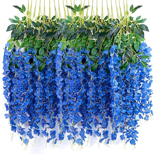 Wisteria Hanging Flowers, 24 Pack Artificial Wisteria Vines Fake Garland Silk Flower String for Wedding Party Garden Outdoor Greenery Home Wall Decoration (24pcs Royal Blue) - color: 24pcs Royal Blue