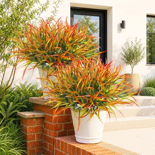 Uieke 12 Bundles Artificial Outdoor Plants UV Resistant Fake Grass Plants Faux Plastic Plants for Home Garden Spring Summer Decor, Green & Red - color: Green & Red, size: 12