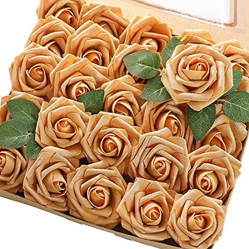Higfra Artificial Flowers 25pcs Real Looking Gold Foam Fake Roses with Stems for DIY Wedding Bouquets White Bridal Shower Centerpieces Arrangements Mothers Day Party Tables Decorations - color: Gold, size: 25Pcs