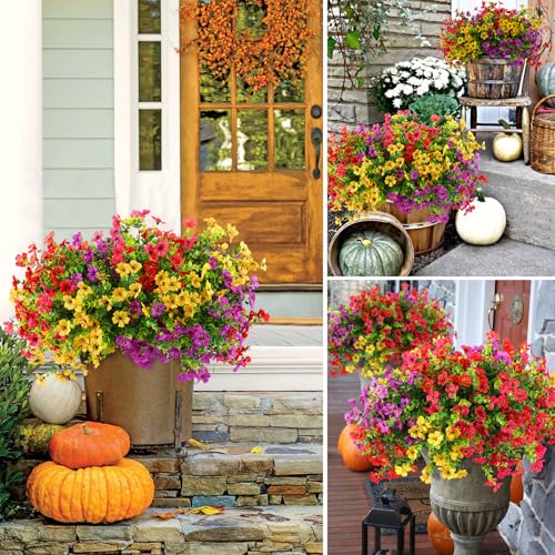 Rowfad 36 Bundles Artificial Flowers Outdoors UV Resistant Fake Plastic Spring Mum Flowers Colorful Silk Plants for Outside Porch Window Patio Home Decor(36, Red, Purple, Yellow, Rose Red) - color: Red, Purple, Yellow, Rose Red
