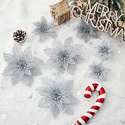 Wironlst 24 Pieces Glitter Poinsettia Flowers Christmas Tree Ornaments, Glitzy Poinsettia Bushes Christmas Decorations for Xmas/Holiday/Seasonal/Wedding (Silver) - color: Silver