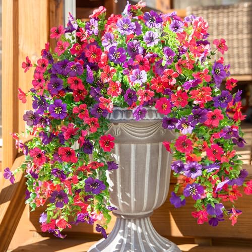 Artificial Faux Hanging Flowers Plants for Spring Outdoor Outside Decoration, 2 PCS Fake Silk Daisy with Eucalyptus UV Resistant Realistic Trailing Vines for Balcony Patio Porch (Darkpurple+Hotpink) - color: Darkpurple+hotpink