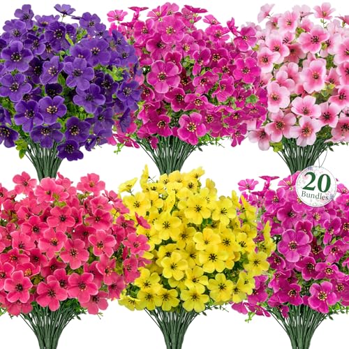20 Bundles Artificial Flowers for Outdoors, Fake Violet Flowers Silk Realistic UV Resistant Faux Artificial Plants Outdoors for Window Box Garden Patio Front Porch Home Indoor Outside Decorations - color: Purple Fuchsia Pink Yellow Rose Red
