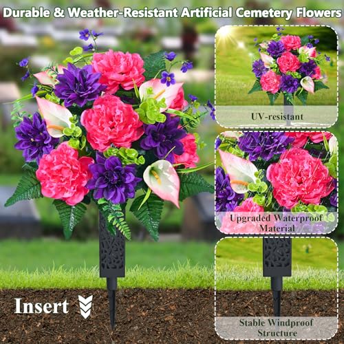 Dolicer Artificial Cemetery Flowers for Grave, Set of 2 Memorial Grave Flowers for Cemetery with Vase Realistic Silk Gravesites UV Resistant Peony Flowers Decorations (Red with Purple) - color: Purple-red