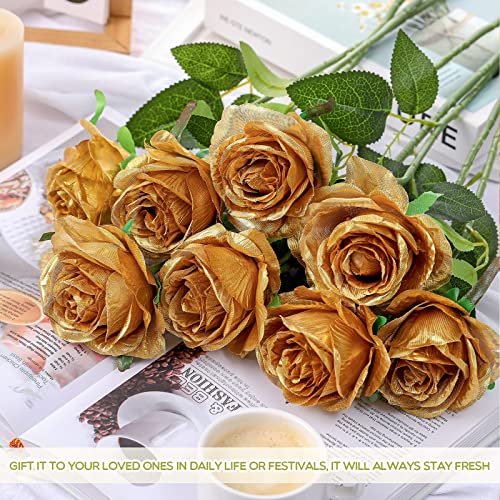Jexine 50 Pcs Artificial Rose Flower Bulk Realistic Silk Fake Roses with Long Stem Plastic Artificial Flower Bouquet Real Looking for Home Wedding Centerpieces Party Decoration(Gold) - color: Gold