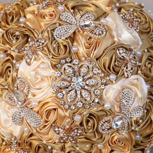 Handmade Wedding Flowers Bouquet Round Holding Bridal Bouquet Artificial Satin Roses Bunch for Bride Bridesmaid Wedding Quinceanera - color: Gold, Light Gold & Cream, size: Medium (Dia. 8.7"/22cm)