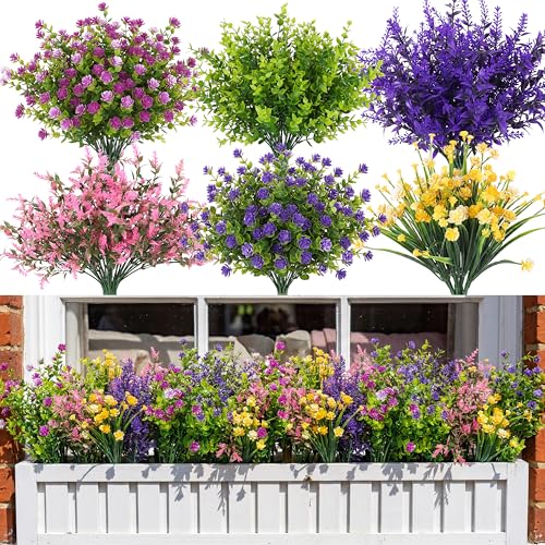 CEWOR Artificial Flowers for Outdoor Indoor, Fake Silk Multiple Color Flowers, Faux Flower for Garden Front Door Porch Planter Patio Home Decor (24 Bundles, Purple Fuchsia Pink Yellow) - color: Multi Color