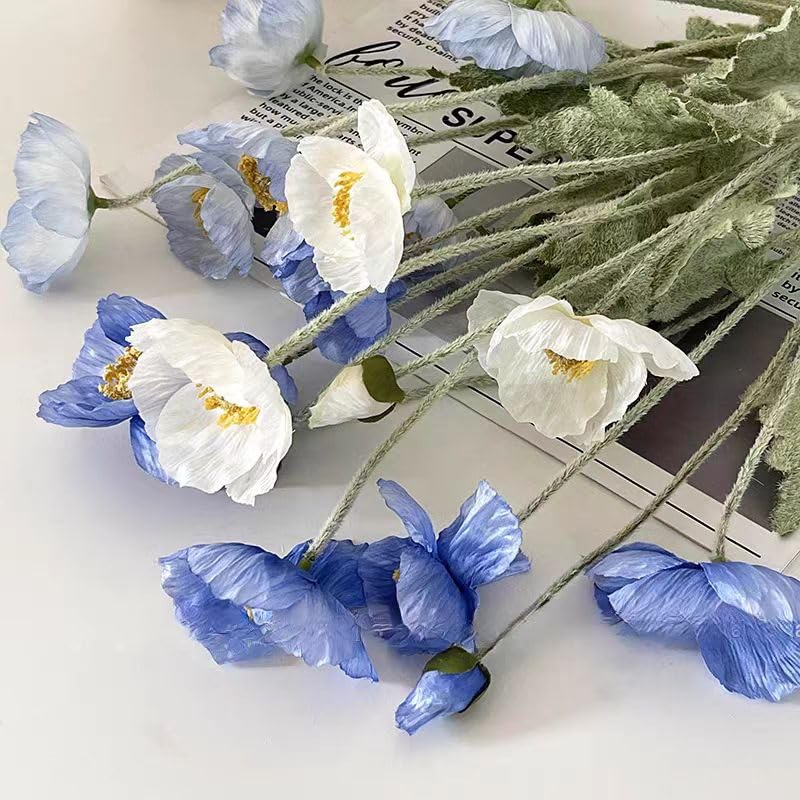 6pcs Artificial Poppy Flowers Silk Fake Poppy Flowers with Stems Faux Spring Flowers Real Touch Flowers for Home Table Centerpieces Floral Arrangement Wedding Bouquet Mixed Decoration - color: Blue-white