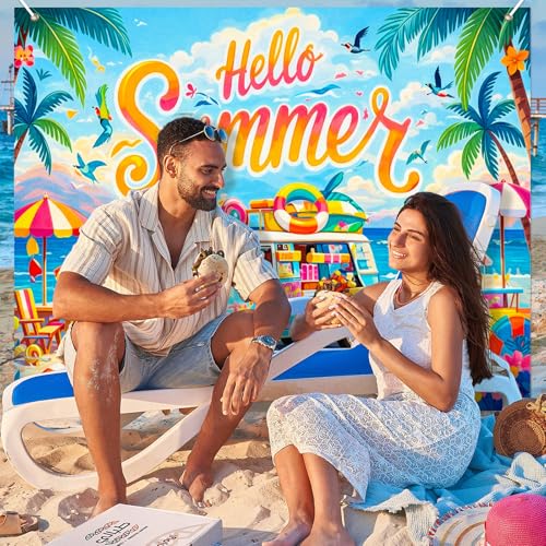 BlissYard Summer Beach Party Backdrop 8x6ft Hello Summer Coastal Van Theme Tropical Ocean Seaside Photo Booth Background for Birthday Pool Party Luau Vacation Event Indoor Outdoor Decoration - color: Summer Beach#03