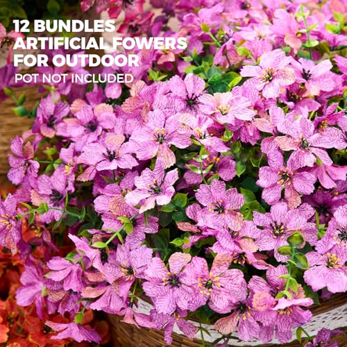 PONKING Artificial Flowers for Outdoors Patio Decoration 12 Bundles Fake Flower Cherry Blossom UV Resistant Faux Plants Yard Garden Porch Home Boxwood Planter Patio Decor, Purple Flower - color: D Purple Cherry Blossom 12pcs