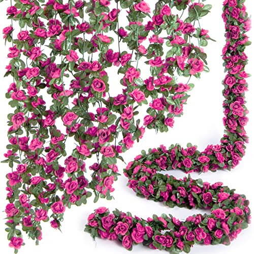 PONKING 8 Pcs x 8.2 ft Flower Garland Artificial Rose Vine Flowers with Green Leaves Hanging Fake Roses Vine for Room Party Home Wedding Birthday Christmas Wall Arch Decor, Spring Magenta Flower - color: Spring-magenta-8pcs, size: 8 Vines 66FT