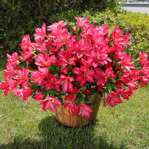 INSPRING Artificial Flowers for Outdoors Outside Summer Decoration, 3 Bundles Fake Silk Azalea Plants UV Resistant Realistic Faux Flowers for Outdoor Planters Front Door Patio Garden Home, Hotpink - color: Hotpink