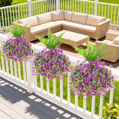 ZFProcess Artificial Fake Hanging Flowers for Outdoors, Silk Daisy with Articial Boston Ferns Plants Set, Realistic Spring Fake Outdoor Flowers UV Resistant Porch Patio Yard Decor - color: Purple Daisy With Fern