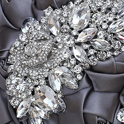 XINNI Handmade Bridal Wedding Bouquet Bride Bridesmaid Satin Rose Flower Bouquet with Meteor Shower Shape Rhinestone Wedding Decoration Grey - color: Grey