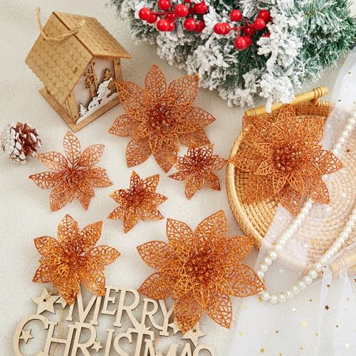 Wironlst 24 Pieces Glitter Poinsettia Flowers Christmas Tree Ornaments, Glitzy Poinsettia Bushes Christmas Decorations for Xmas/Holiday/Seasonal/Wedding (Orange) - color: Orange