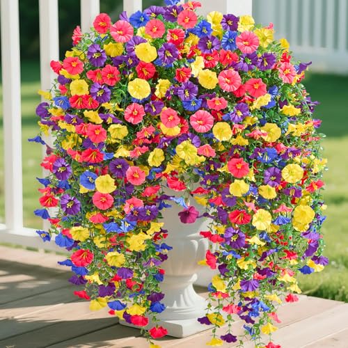 Serwalin Artificial Hanging Flowers for Outdoors UV Resistant, 4PCS Faux Morning Glory Fake Outdoor Flowers Realistic Silk Flower Faux Plants for Outside Planter Front Door Porch Patio Yard Decor - color: Purple, Yellow, Blue& Hot Pink