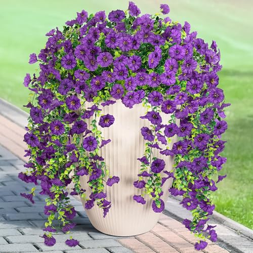 Artificial Hanging Petunias Flowers for Outdoor, 2pcs Fake Plants Long Vine Morning Glory Eucalyptus, UV Resistant Realistic Faux Greenery Outside Patio Porch Garden Spring Summer Decor, Dark Purple - color: Purple