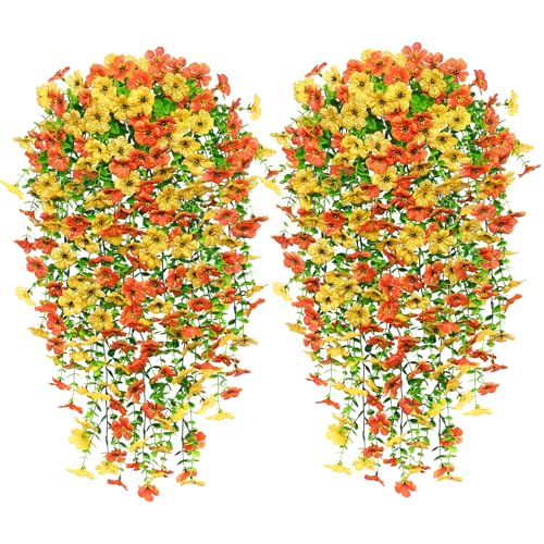Betylifoy 4PCS Artificial Hanging Flowers Fake Hanging Plants for Outdoors Decor UV Resistant Faux Silk Orchid Flowers Greenery Long Trailing Vines for Indoor Outside Garden Decor (Orange&Yellow) - color: Orange&yellow