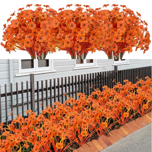 LikSoor 21 Bundles Artificial Outdoor UV Resistant Flowers No Fade Fake Outside Flowers Plastic Greenery Faux Shrubs Garden Porch Window Box Home Decoration(Deep Autumn Orange) - color: Deep Autumn Orange