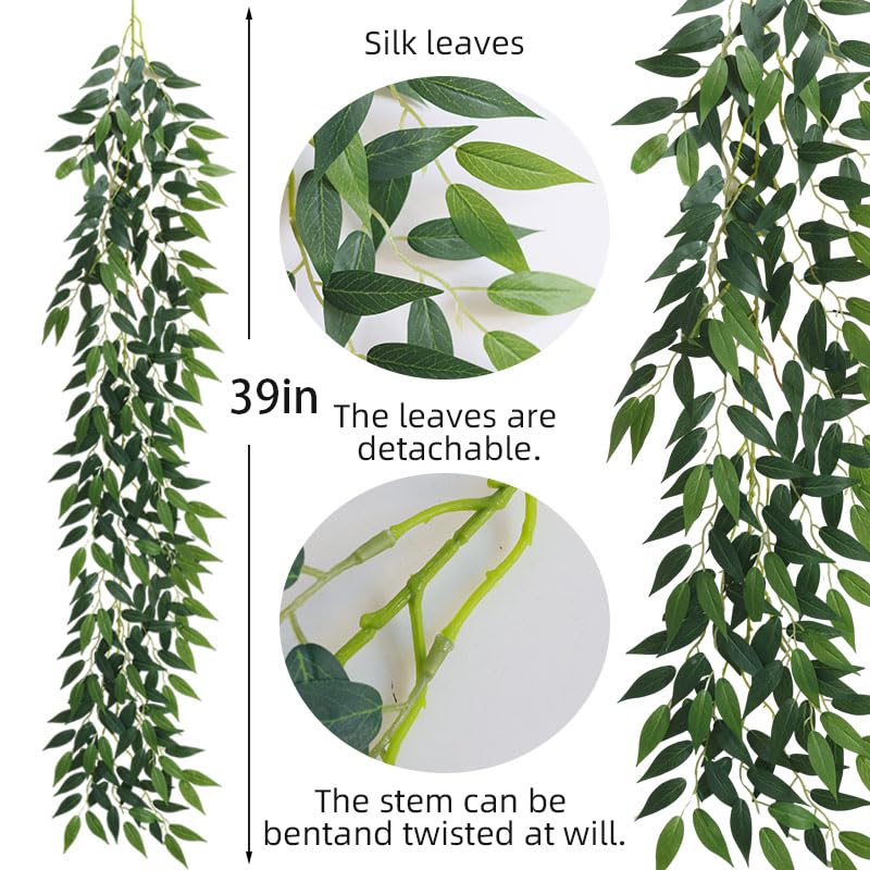 dallisten 3 Strands Italian Ruscus Artificial Vines, 39" Silk Vine Garland with Green Leaves, Fake Hanging Plants Greenery Decor for Home, Bedroom, Wall, Party, Wedding Decoration