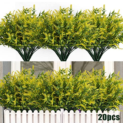 RECUTMS 20 Bundles Outdoor Artificial Flower UV Resistant Fake Stems Plants, Faux Plastic Greenery for Indoor Outside Hanging Plants Garden Porch Window Box Home Wedding Farmhouse Décor(Yellow) - color: Yellow, size: 20 Bundles