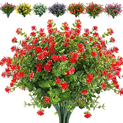 24 Bundles Artificial Flowers Fake Boxwood Shrubs UV Resistant No Fade Faux Greenery Faux Plastic Lotus For Home Garden Hanging Planter Indoor Outdoor Porch Patio Office Wedding Decoration(Red) - color: Red