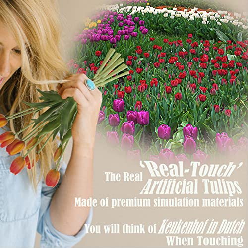 20pcs Artificial Tulip Flowers,16 Inch Real Touch Tulip Stems with Faux Leaves, Faux Tulips and Buds for Home Décor Centerpiece Ornament Wedding Bouquet,Orange - color: Orange