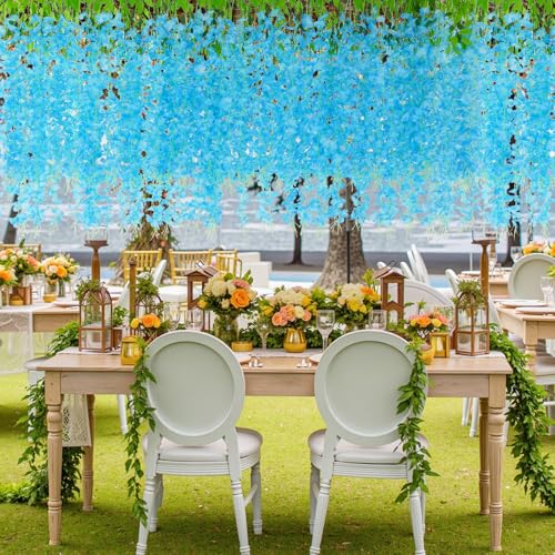 12Pcs Artificial Wisteria Hanging Flowers, 3.6Ft/Pcs Blue Fake Wisteria Garland for Wedding Party Home Garden Indoor Outdoor Decoration - color: Blue, size: 12Pcs