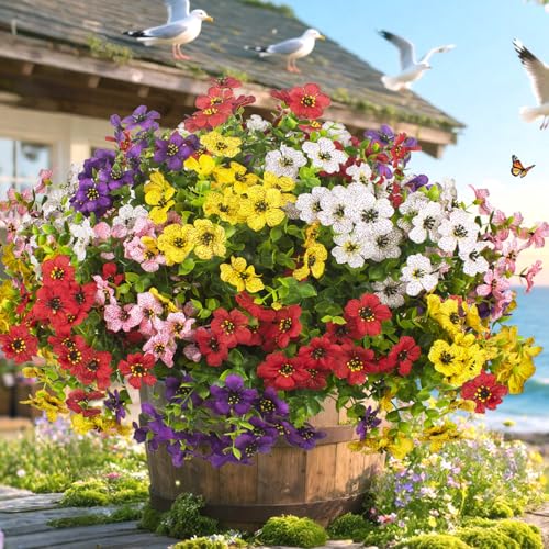 Grunyia 20 Bundles Artificial Flowers for Outdoors, UV Resistant Fake Plants Flowers Greenery Shrubs Plants for Decoration Outside Plants Hanging Planter Home Garden Decor - color: Mix