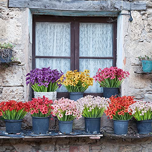 6 Bundles Artificial Orchid Flowers, Fake Artificial Greenery UV Resistant No Fade Faux Plastic Flowers for Wedding Bridal Bouquet Indoor Outdoor Home Garden Kitchen Office Table Vase(Pink) - color: Pink