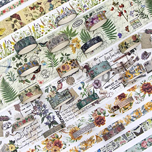 37 Rolls Vintage Washi Tape Set - Decorative Tape Floral Butterfly Mushroom Botanical,Adhesive Tape for Journaling Supplies,Scrapbooking,Junk Journal Supplies5/8/10/15/30/75mm Wide9.84ft Long/Roll