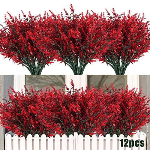 RECUTMS 12 Bundles Artificial Flowers Outdoor Fake Flowers for Decoration UV Resistant No Fade Faux Plastic Plants Garden Porch Window Box Décor, Flores Artificiales para Decoracion(Red) - color: Red, size: 12 Bundles