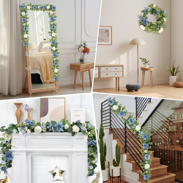 Eucalyptus Garland with Flowers - 1 Pack 5.9 FT Artificial Flower Garland with Butterflies Faux Rose Greenery Garlands for Backdrop Wedding Arch Centerpieces Decorations - Dusty Blue & White - color: Dusty Blue & White, size: 1 Pack