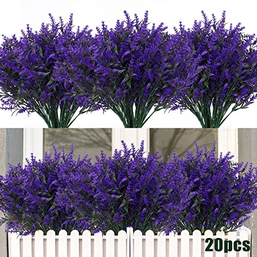 RECUTMS 20 Bundles Outdoor Artificial Flowers UV Resistant Fake Outdoor Plants, Faux Greenery for Indoor Outside Hanging Plants Garden Porch Window Box Home Wedding Farmhouse Décor(Purple) - color: Purple, size: 20 Bundles