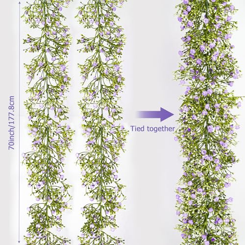 Artificial Baby Breath Flower Vines, Babys Breath Artificial Flowers Real Touch Faux Gypsophila Hanging Fake Baby's Breath Garlands for Wedding and Baby Shower Decor 2Pcs 5.8ft（Purple） - color: Purple