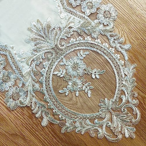 Elegant Vintage Lace Table Runner 98 inches(250cm) Long Beige Gold with Exquisite Macrame and Embroidered Floral Pattern Perfect as a Dresser Scarf (14X98'') - color: Beige Gold, size: 14''x98''(36x250cm)