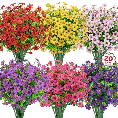 20 Bundles Artificial Flowers for Outdoors, Fake Silk Flowers UV Resistant Faux Realistic Plastic Plants for Spring Summer Porch Patio Garden Planter Window Box Home Decor, Multi Color - color: Multi Color