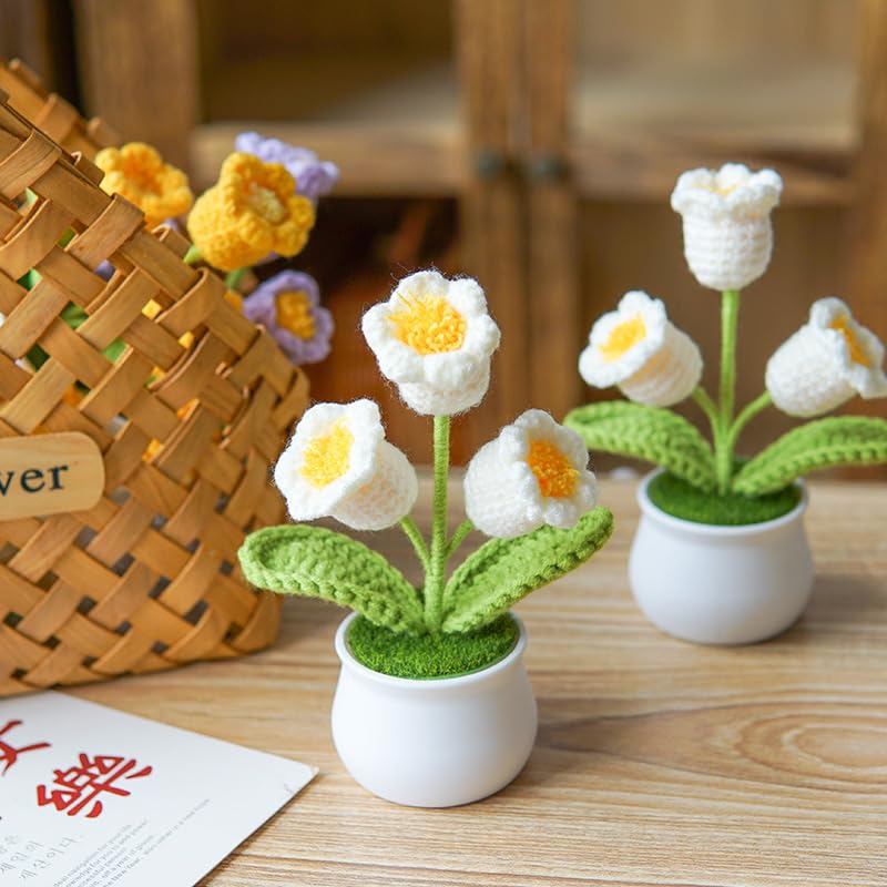 Crochet Flowers Artificial,Small Potted Knitted Orchid of The Bell Flowers for Car Dashboard, Cute Car Crochet Center Console Decoration,Handmade Traditional Home Decoratio(White) - color: White