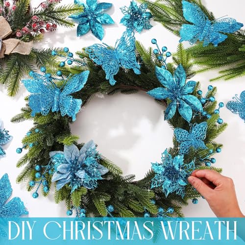 Thiccywoov 122 Pcs Christmas Glitter Poinsettia Artificial Flowers Berry Picks Butterfly Christmas Tree Ornaments 3 Styles Poinsettia kit with Clip for Xmas Wreath Home Tree Decor (Lake Blue) - color: Lake Blue