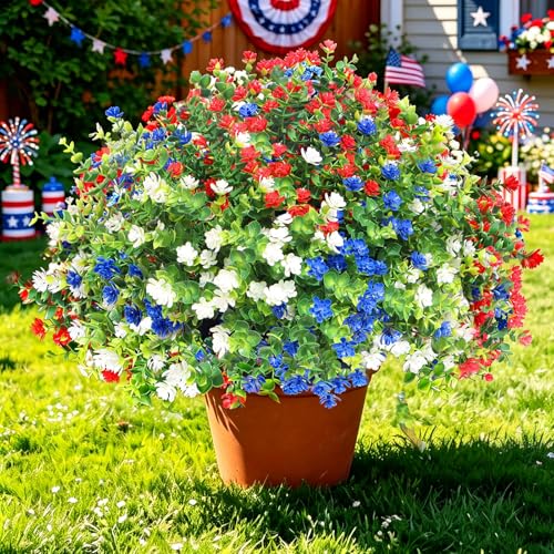 Artificial Flowers for Outdoors,12 Bundles UV Resistant Artificial Outdoor Flowers for 4th of July, Not-Fading Plastic Faux Flowers for Outdoor Planters for Home Garden Decor, Blue, Red, White - color: Blue+red+white