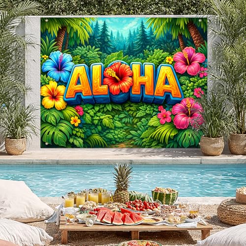 BlissYard Aloha Backdrop 8x6ft Hawaiian Luau Party Tropical Photo Booth Background Cloth for Photography, Hibiscus Flowers Palm Leaves Jungle Island Banner for Summer Birthday Wedding Event Decor - color: Aloha Backdrop#3