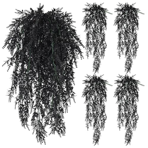 SJL Black Hanging Flowers Fake Hanging Plants Artificial Greenery Outdoor Flowers UV Resistant Fake Lavender Plant Plastic Flower Faux Vine for Garden Porch Gothic Halloween Decorations (Black) - color: Black Laven