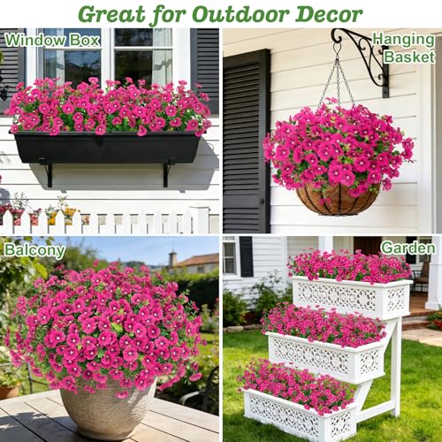 Roberly 20 Bundles Artificial Flowers for Outdoors, Fake Silk Flowers with Plastic Eucalyptus Greenery Stems Realistic Faux Plants for Spring Summer Porch Patio Yard Garden Vase Home Decor, Fuchsia - color: Fuchsia