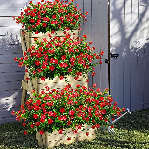 Grunyia 10 Bundles Artificial Fake Flowers, Faux Outdoor Plastic Plants UV Resistant Shrubs Outside Indoor Decorations (Red-Eucalyptus) - color: Red-eucalyptus