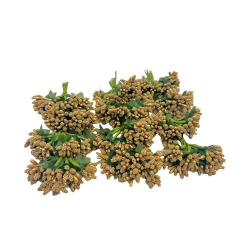 144pcs Artificial Mini Flower Stamen Pistil and Soft Stem,20mm Tiny Berry for DIY Make Bridal Hair Clips,Cake Top,Wrist Corsage Boutonniere,Candle Rings Wreath Bracelet Flower (Gold) - color: Gold