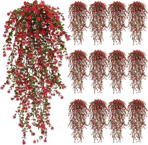 12 Pcs Red Hanging Flowers Artificial Hanging Plants Faux Eucalyptus Greenery Trailing Vines UV Resistant Plastic Plants for Indoor Outdoor Wall Garden Front Porch Home Decor - color: Red-12pcs
