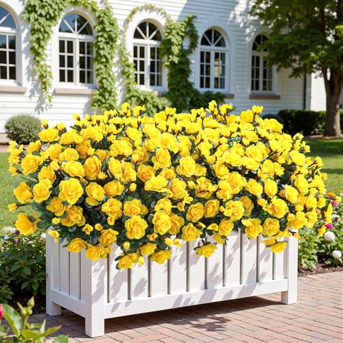 Alupssuc 8 Large Bundles Artificial Flowers for Outdoors Spring Decoration, UV Resistant Faux Flowers Silk Camellia Realistic Fake Flowers for Yard Patio Planter Porch Balcony Garden, Yellow - color: Yellow