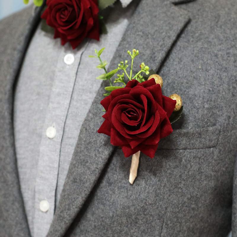 Wedding Boutonniere Groom Flower Buttonholes Groomsmans Prom Party Suit Decoration Anniversary Accessories for Man - color: Red